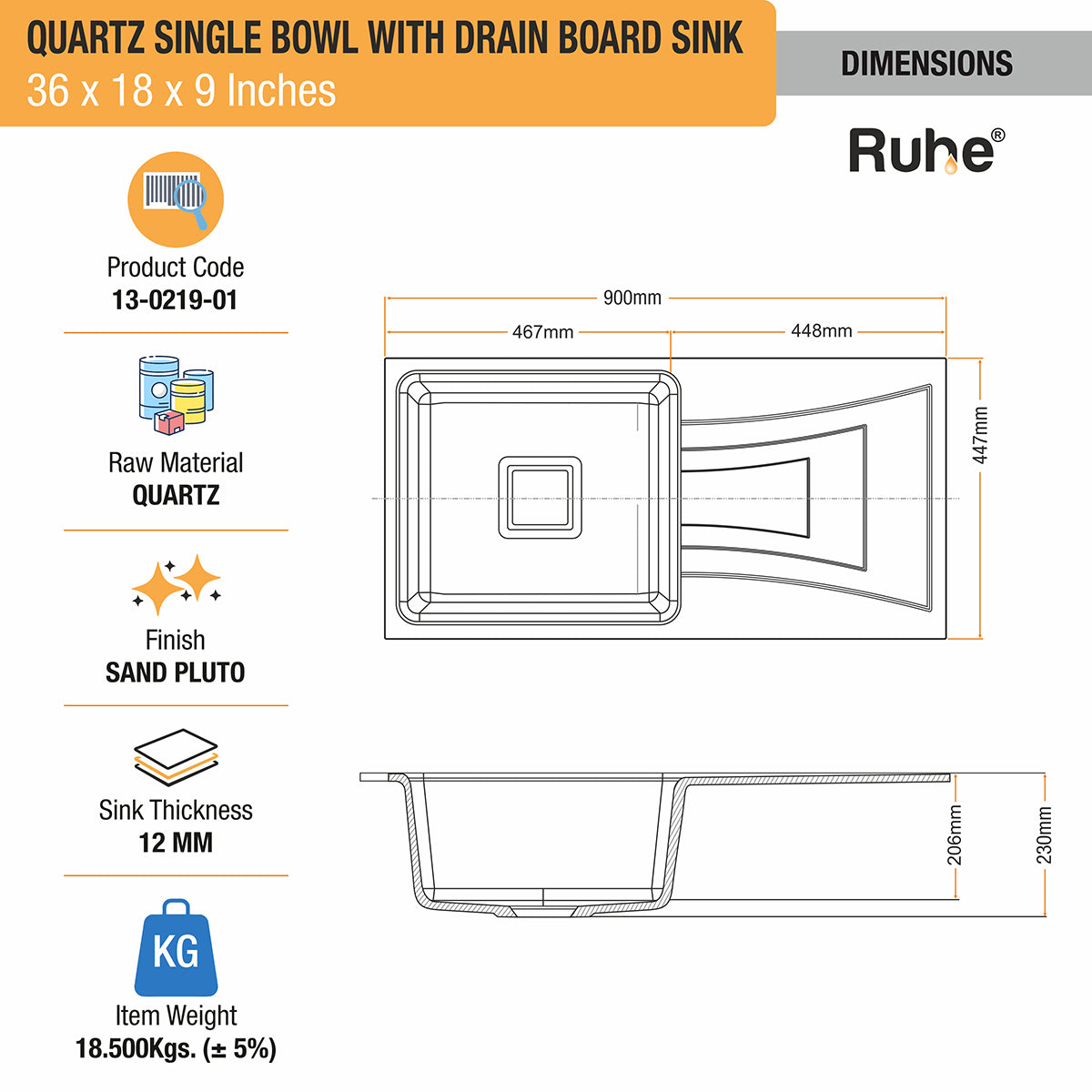 Quartz Single Bowl Sand Pluto Kitchen Sink with Drainboard(36 x 18 x 9 inches) dimensions and sizes