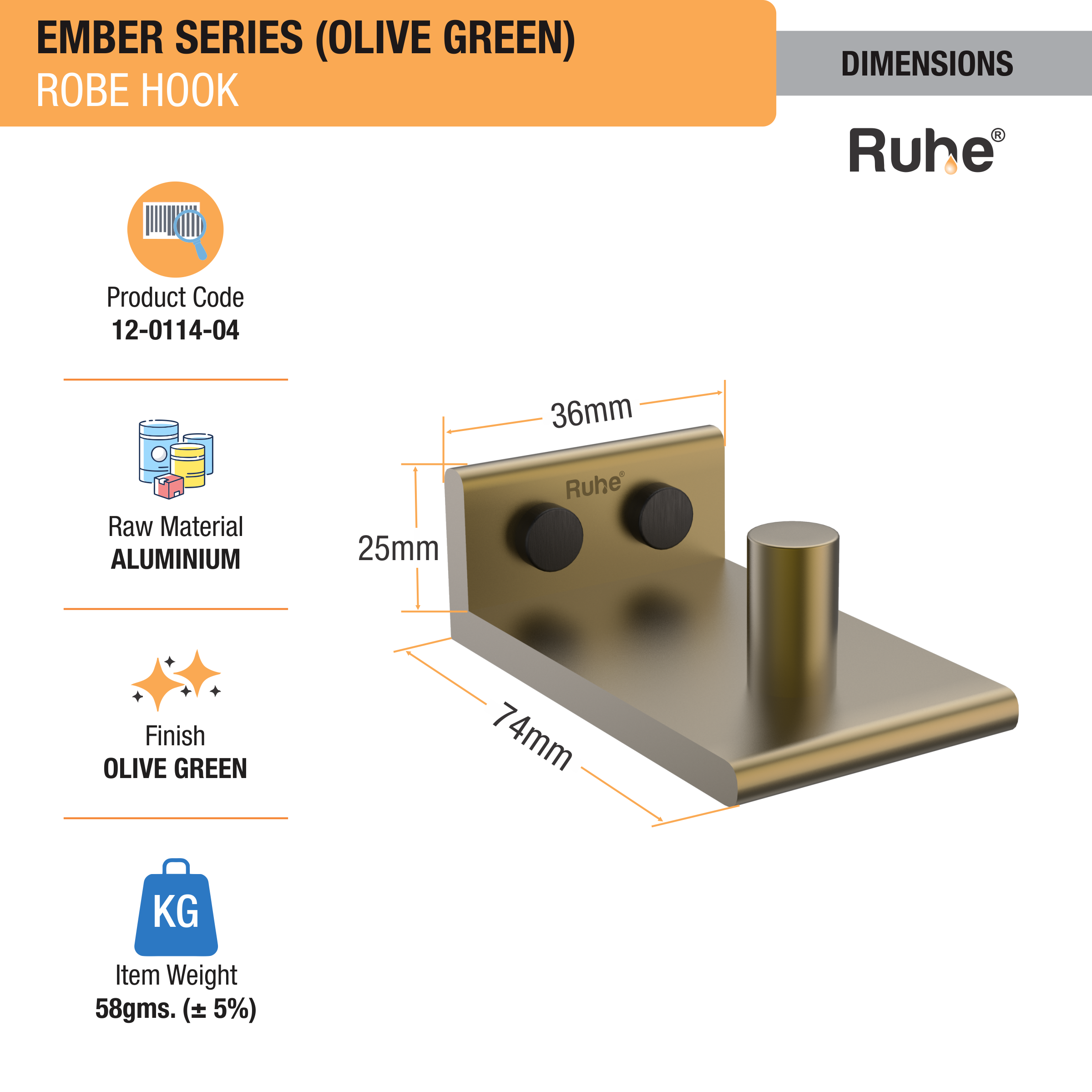 Ember Olive Green Robe Hook (Space Aluminium) dimensions and sizes