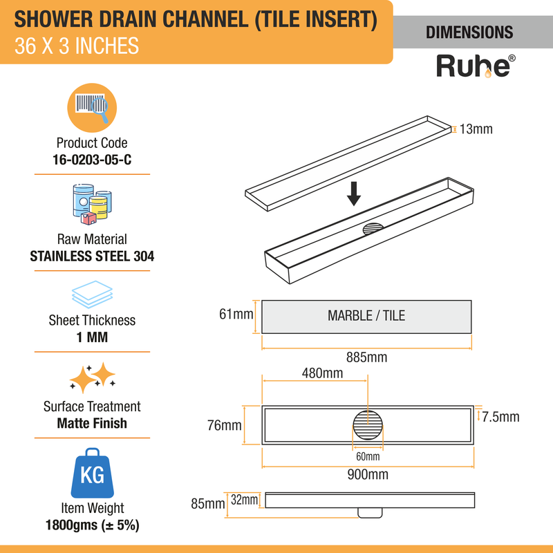 Tile-Insert Shower Drain Channel (3 Inches)