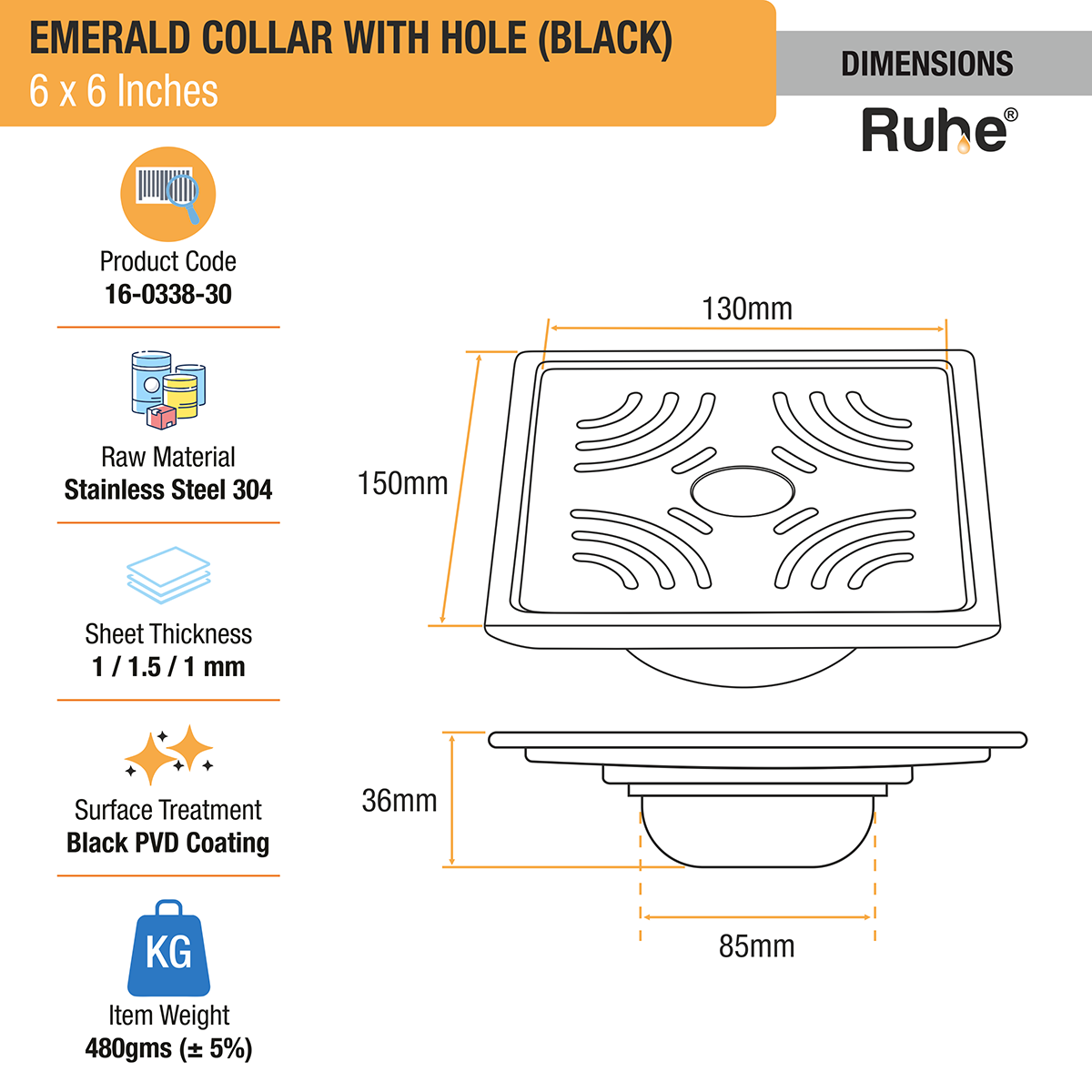 Emerald Square 304-Grade Floor Drain in Black PVD Coating (6 x 6 Inches) with Hole - by Ruhe®