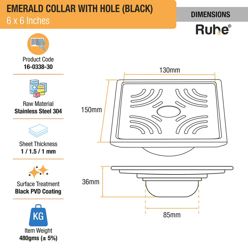 Emerald Square 304-Grade Floor Drain in Black PVD Coating (6 x 6 Inches) with Hole - by Ruhe