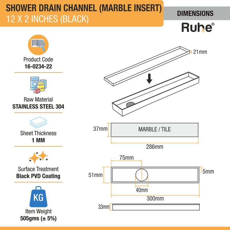 Marble-Insert Shower Drain Channel (2 Inches)