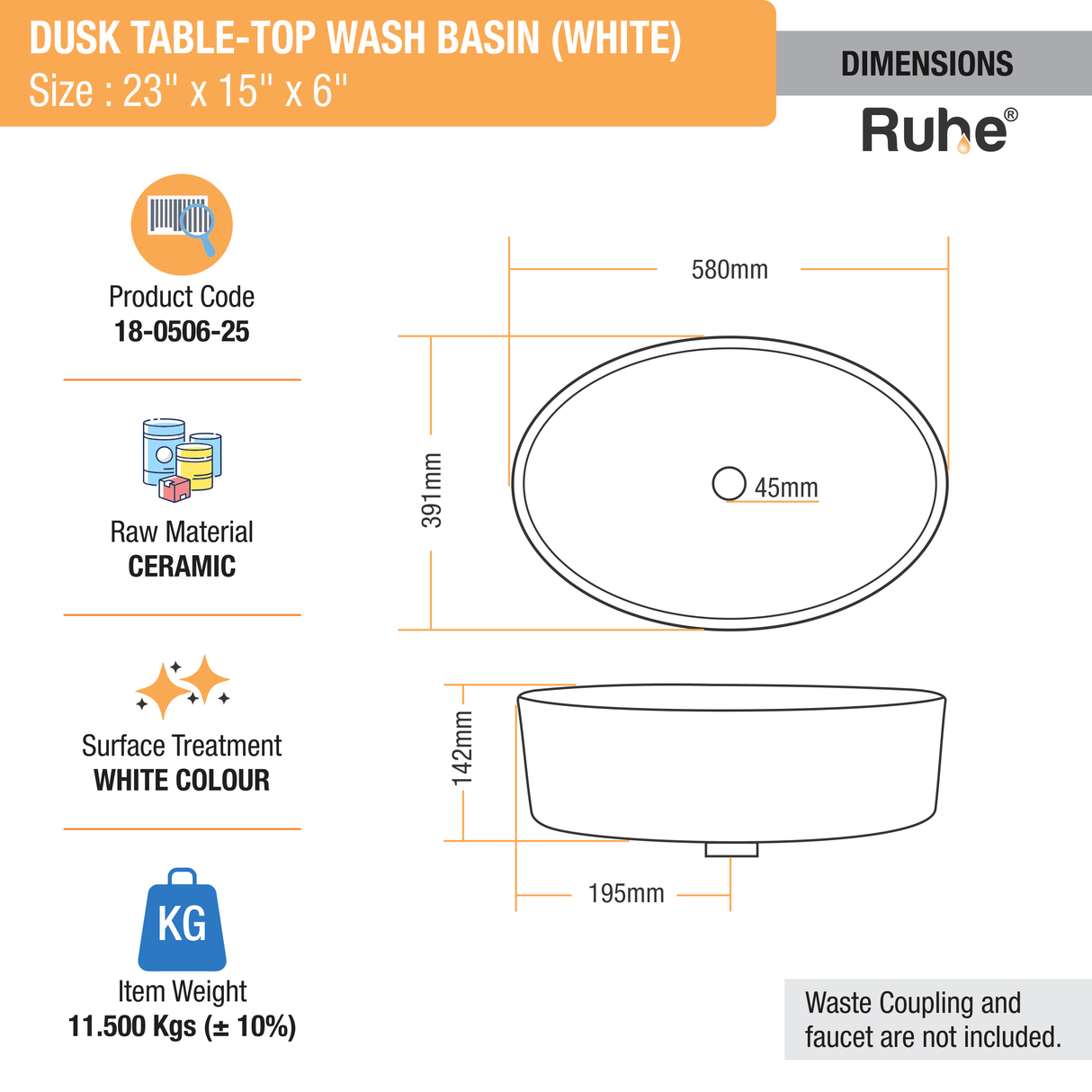 Dusk Table Top Wash Basin (White) - by Ruhe