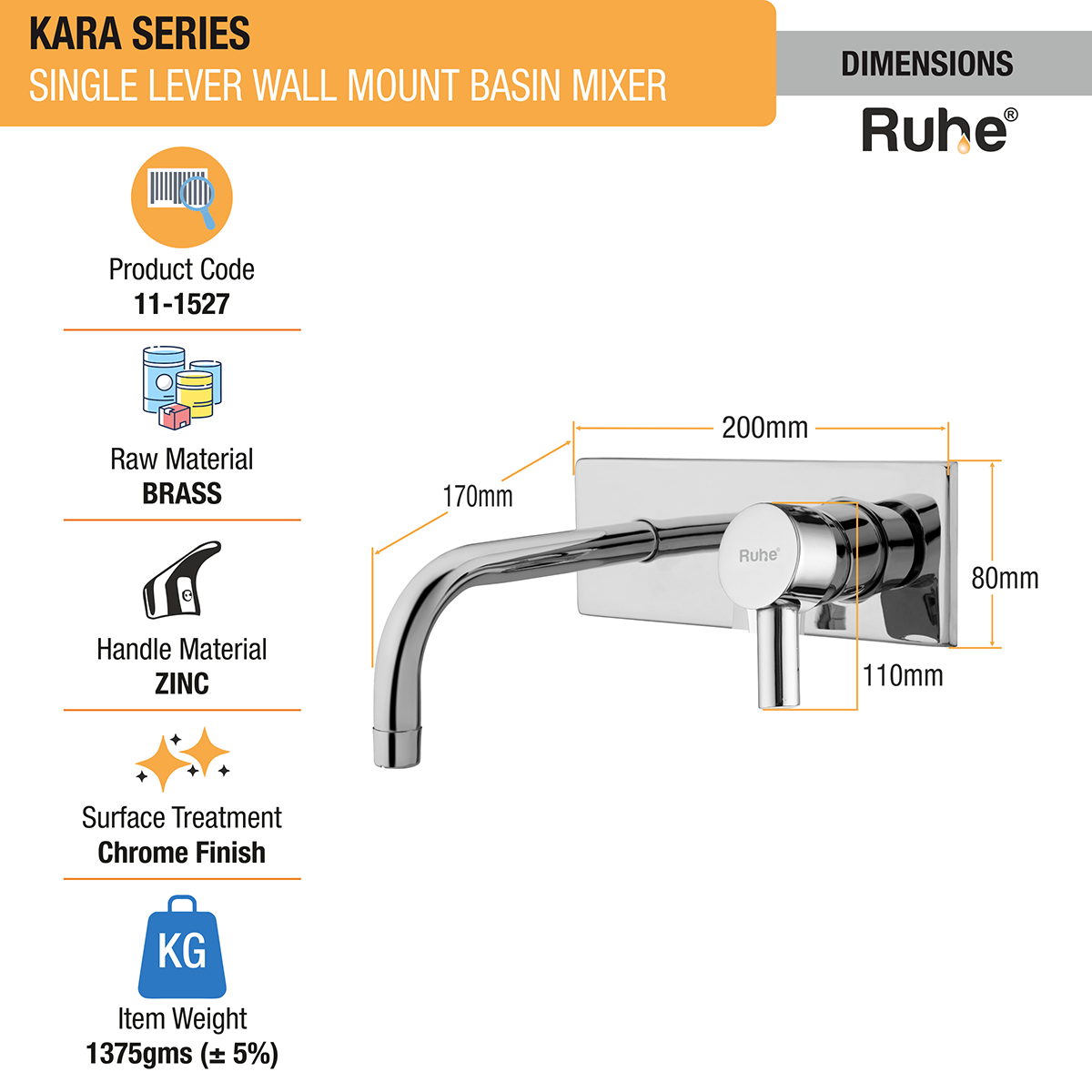 Kara Single Lever Wall Mixer Brass Faucet Dimensions