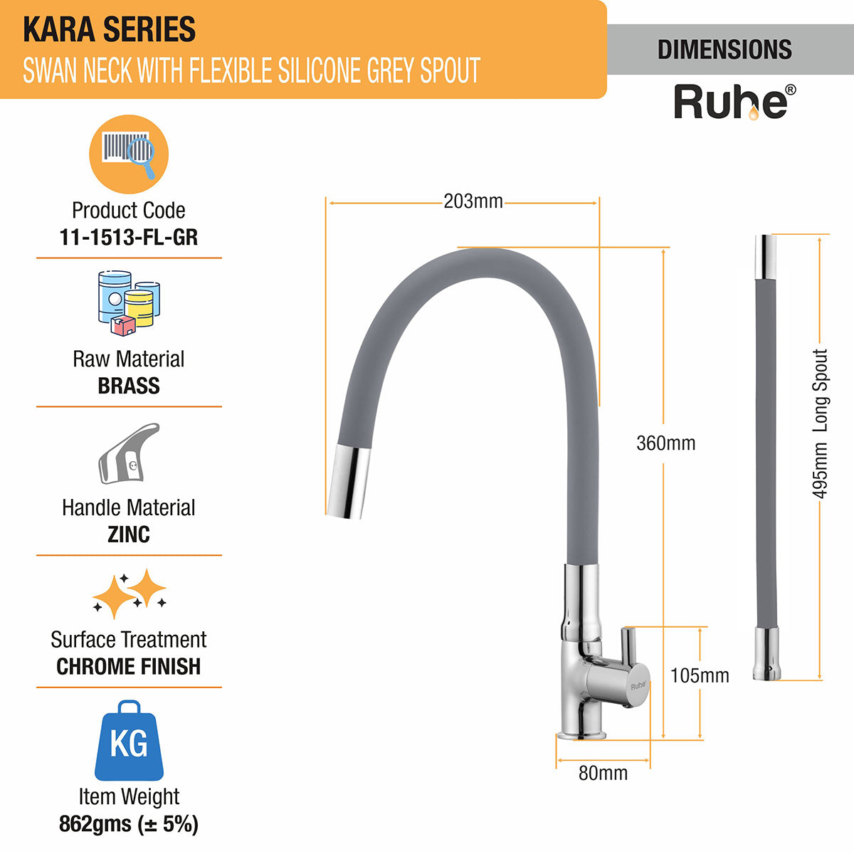 Kara Swan Neck Brass Faucet with Silicon Grey Flexible Spout dimensions and sizes