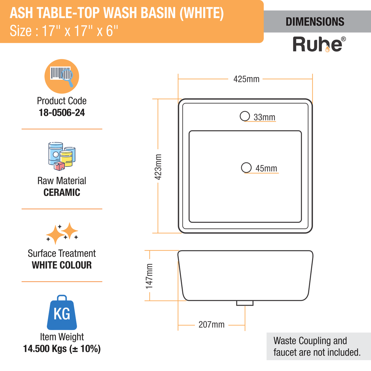 Ash Table Top Wash Basin (White) - by Ruhe