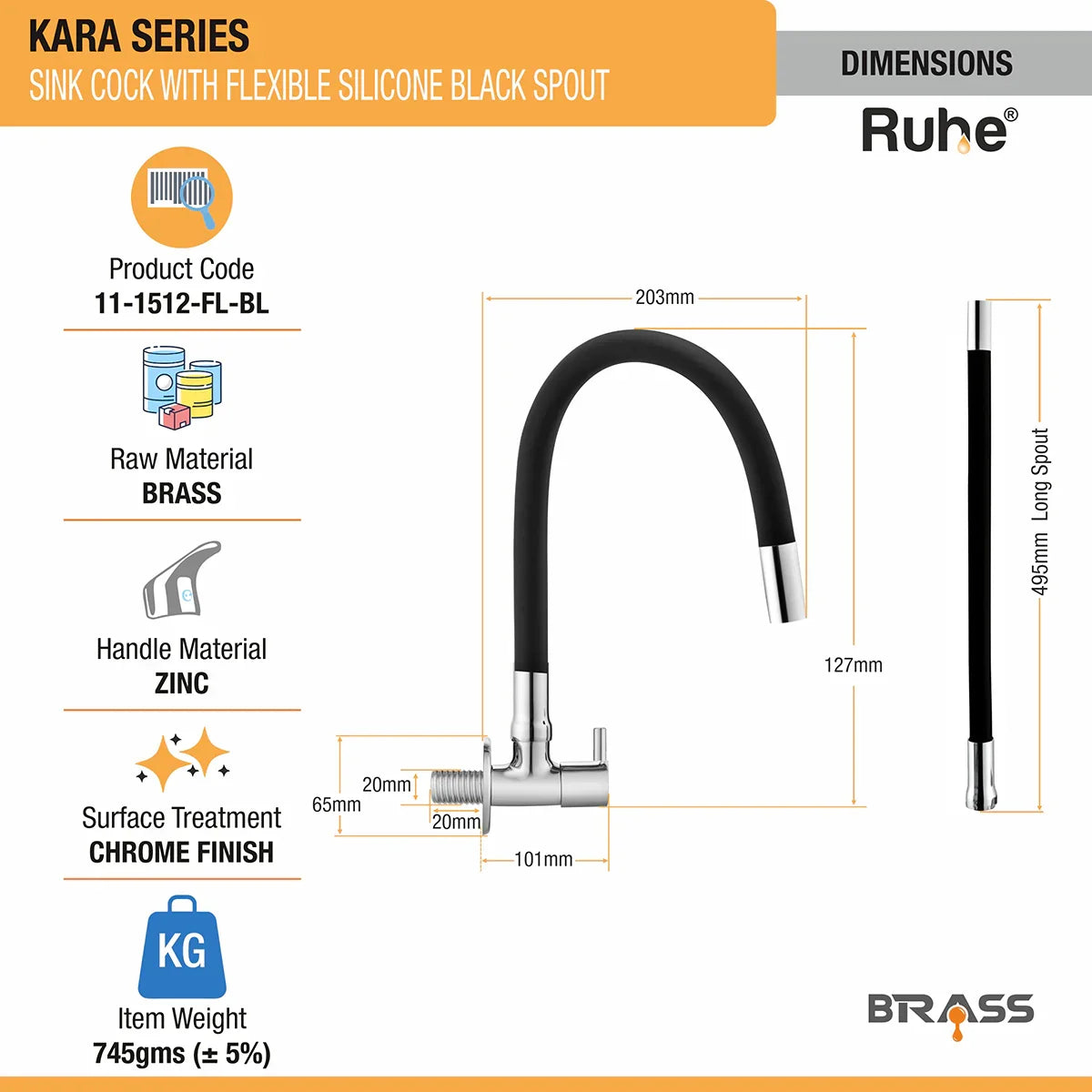 Kara Wall Mount Kitchen Sink Tap with Coloured Flexible Silicone Spout