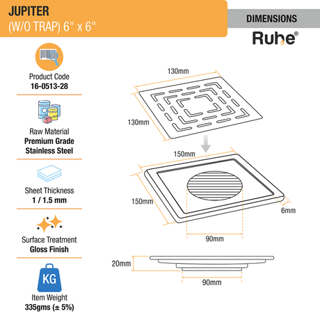 Jupiter Square Premium Floor Drain (6 x 6 Inches) - by Ruhe®