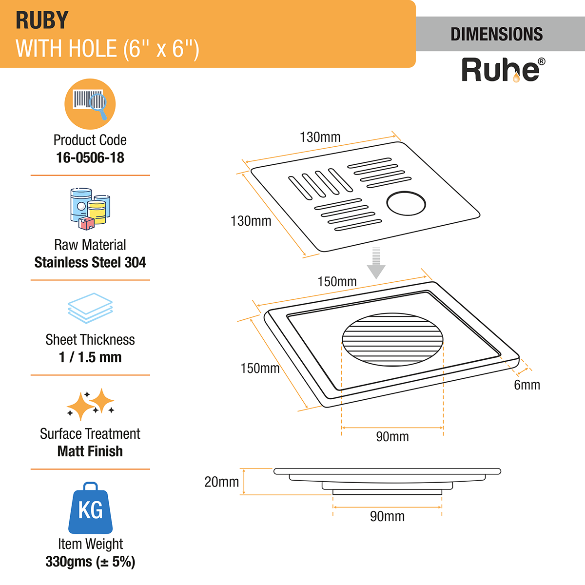 Ruby Square 304 Grade Floor Drain with Hole (6 x 6 Inches) - by Ruhe