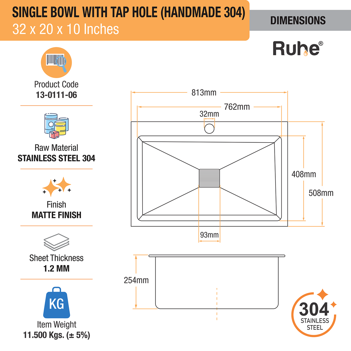 Handmade Single Bowl 304-Grade Kitchen Sink  with Tap Hole (32 x 20 x 10 Inches) - by Ruhe