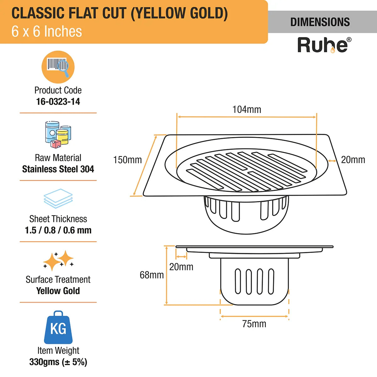 Classic Square Flat Cut Floor Drain in Yellow Gold PVD Coating (6 x 6 Inches) - by Ruhe