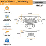 Classic Square Flat Cut Floor Drain in Yellow Gold PVD Coating (6 x 6 Inches) dimensions and sizes