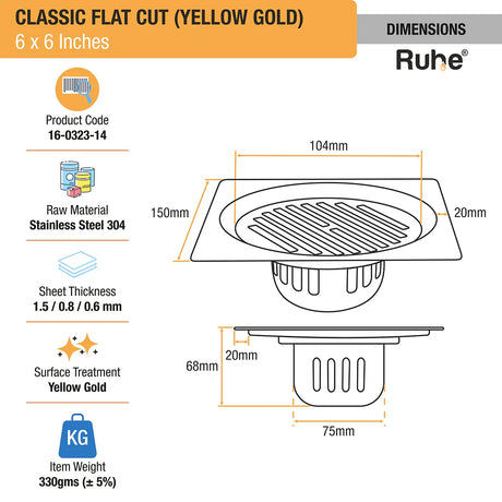 Classic Square Flat Cut Floor Drain in Yellow Gold PVD Coating (6 x 6 Inches) dimensions and sizes