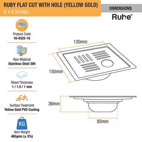 Ruby Square Flat Cut Floor Drain in Yellow Gold PVD Coating (6 x 6 Inches) with Hole dimensions and sizes
