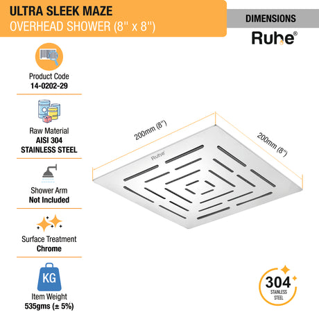 Ultra Sleek Maze 304-Grade Overhead Shower (8 x 8 inches) - by Ruhe