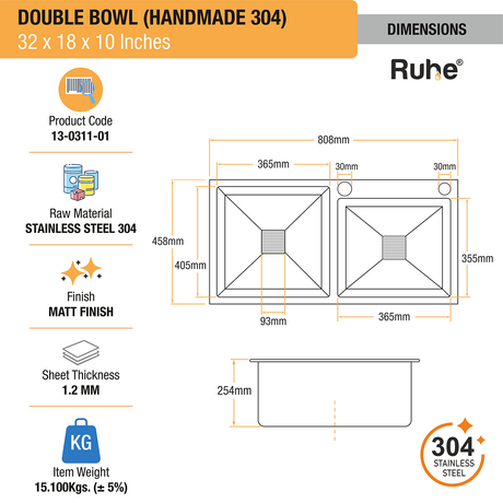 Handmade Double Bowl 304-Grade Kitchen Sink (32 x 18 x 10 Inches) with Tap Hole - by Ruhe®