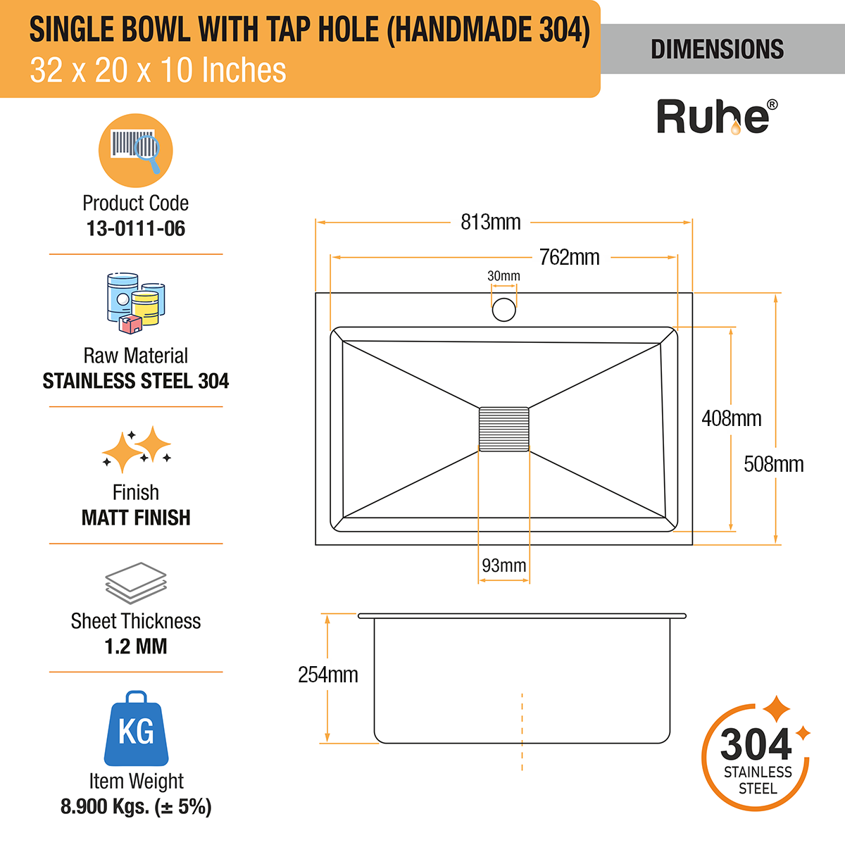 Handmade Single Bowl 304-Grade Kitchen Sink (32 x 20 x 10 Inches) with Tap Hole dimensions and sizes