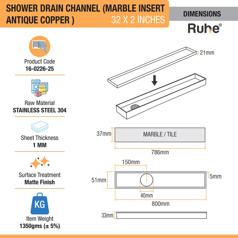 Marble-Insert Shower Drain Channel (2 Inches)