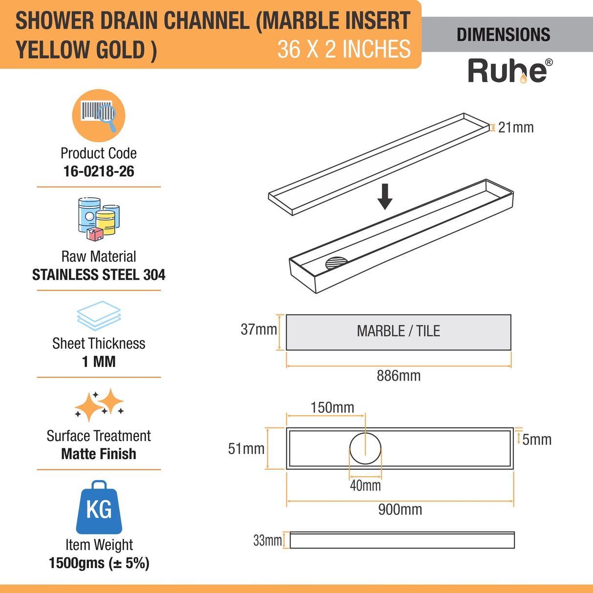 Marble-Insert Shower Drain Channel (2 Inches)