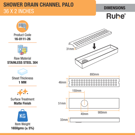 Palo Shower Drain Channel (36 X 2 Inches) (304 Grade) - by Ruhe®