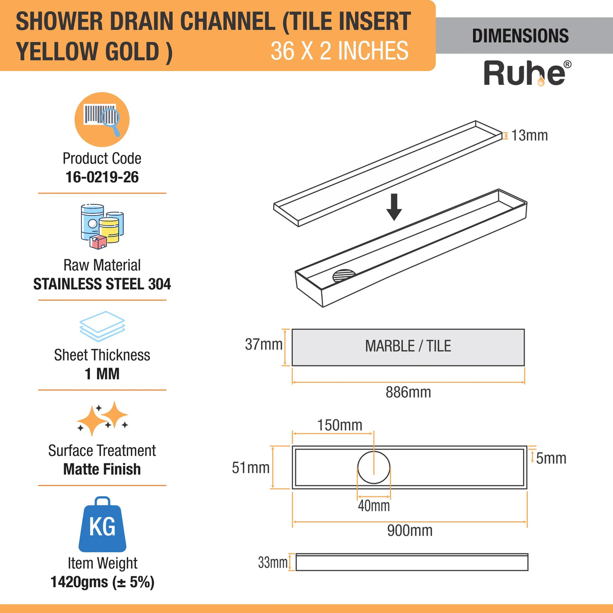 Tile-Insert Shower Drain Channel (2 Inches)