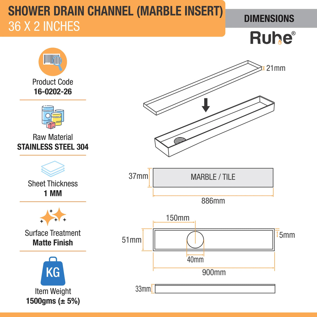 Marble-Insert Shower Drain Channel (2 Inches)
