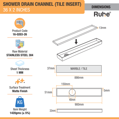 Tile Insert Shower Drain Channel (36 x 2 Inches) (304 Grade) - by Ruhe®