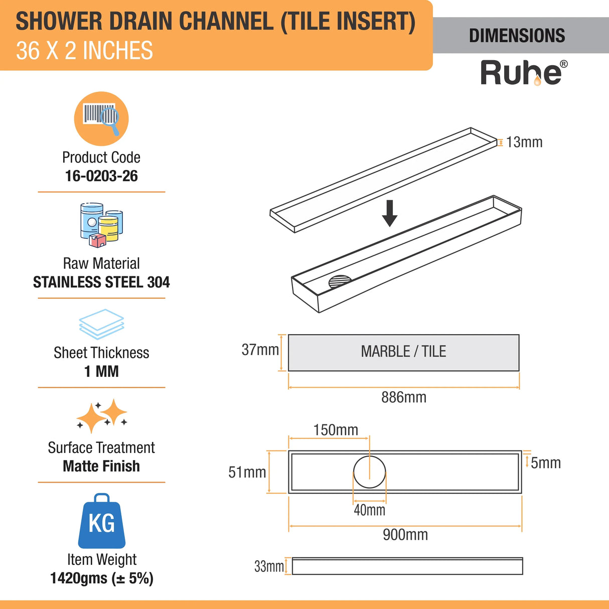 Tile-Insert Shower Drain Channel (2 Inches)