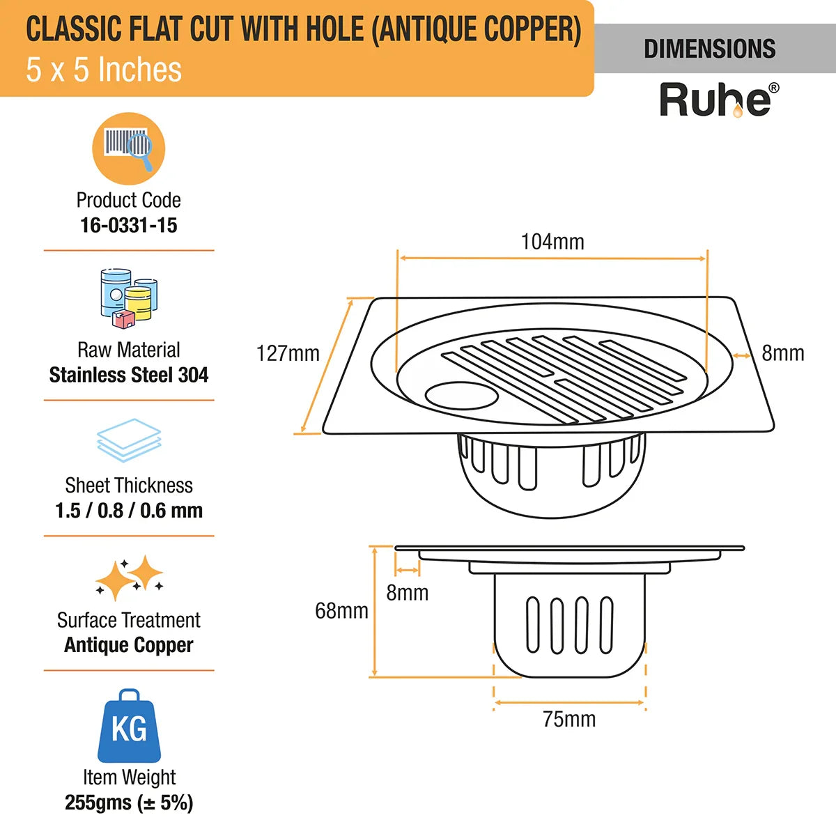 Classic Square Flat Cut Floor Drain in Antique Copper PVD Coating (5 x 5 Inches) with Hole - by Ruhe