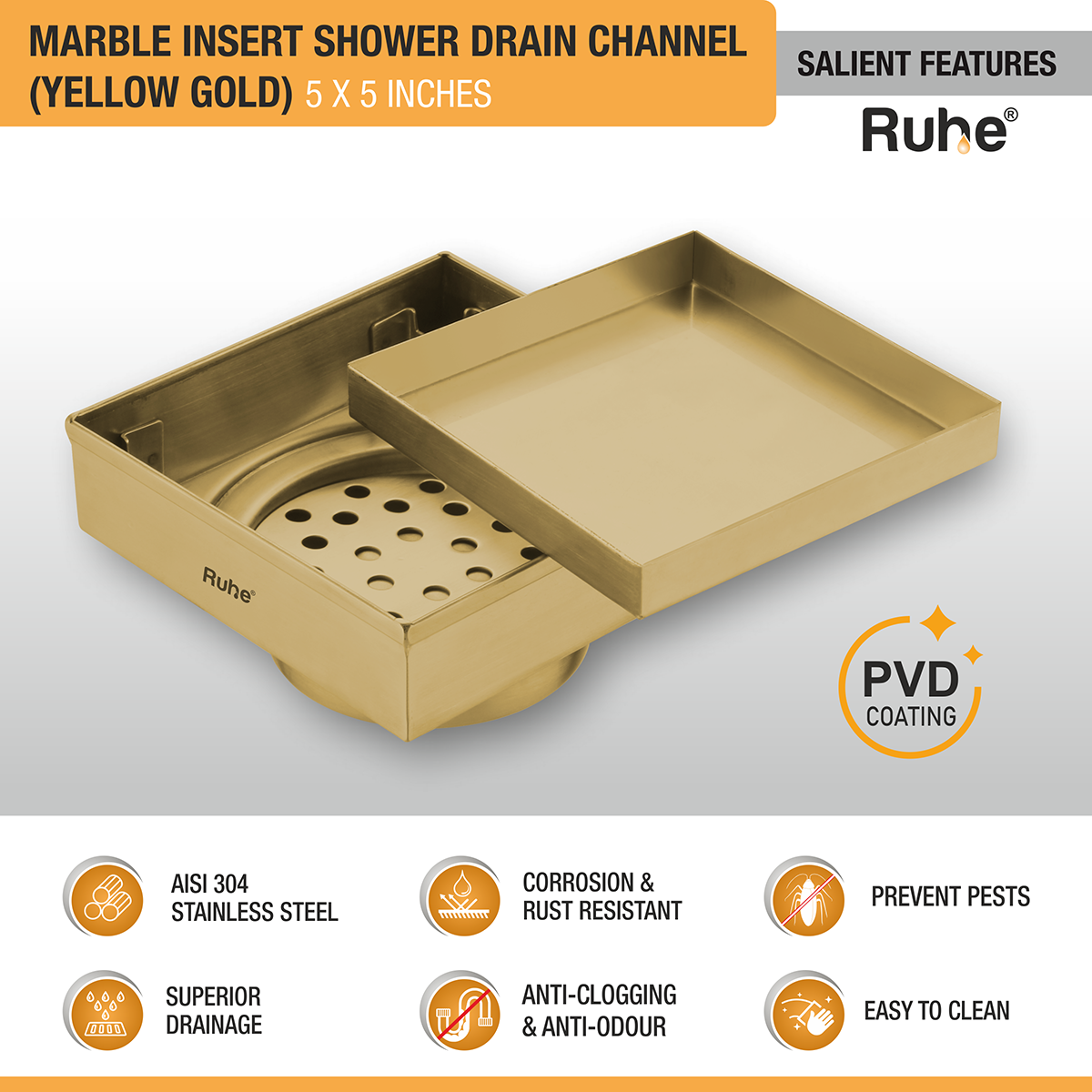 Marble Insert Shower Drain Channel (5 x 5 Inches) YELLOW GOLD PVD Coated features and benefits