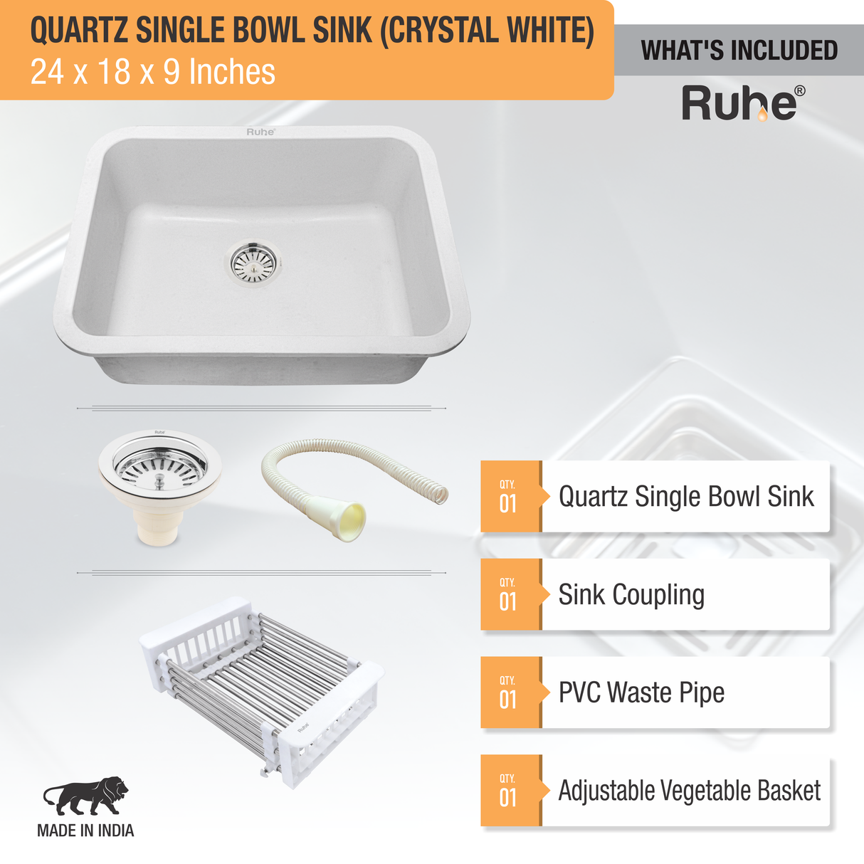 Crystal White Quartz Single Bowl Kitchen Sink  (24 x 18 x 9 inches) - by Ruhe