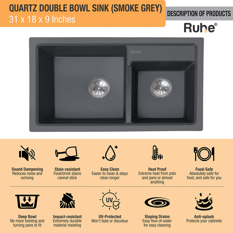 Quartz Double Bowl Kitchen Sink (31 x 18 x 9 Inches)