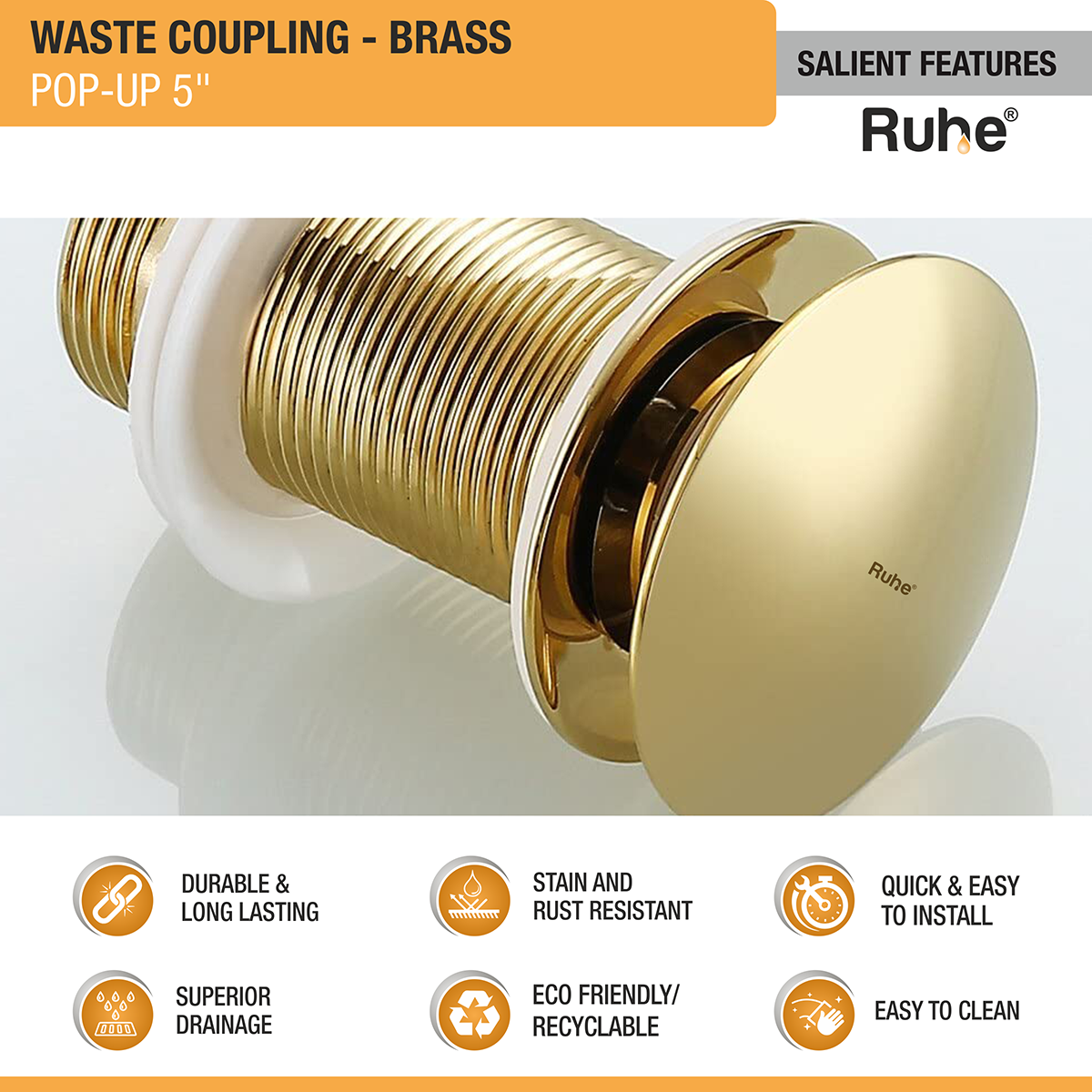 Pop-up Waste Coupling in Yellow Gold PVD Coating (5 Inches) - by Ruhe