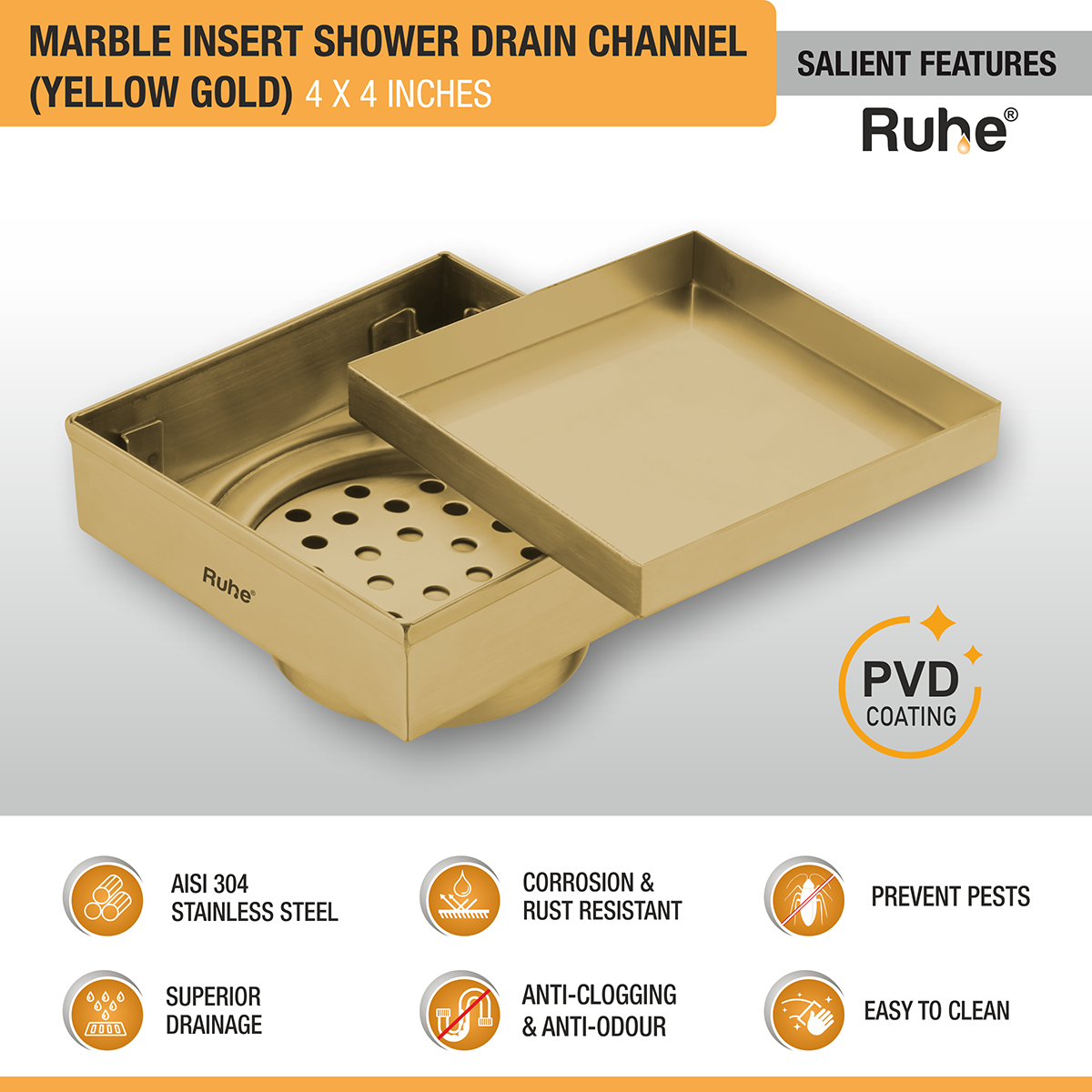 Marble Insert Shower Drain Channel (4 x 4 Inches) YELLOW GOLD PVD Coated - by Ruhe®