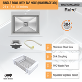 Handmade Single Bowl 304-Grade Kitchen Sink  with Tap Hole (21 x 18 x 10 Inches) - by Ruhe