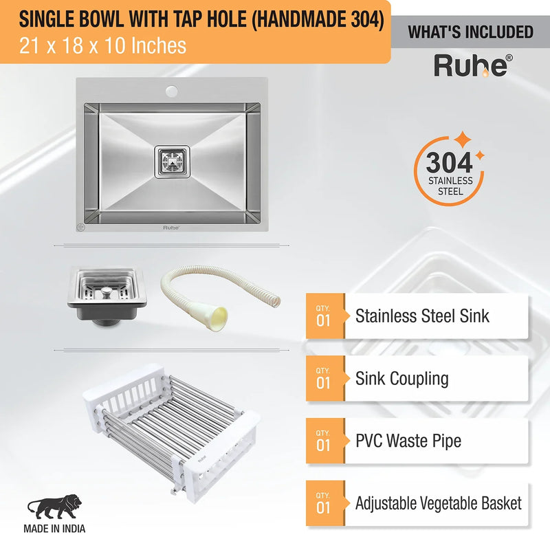 Handmade Single Bowl with Tap Hole Kitchen Sink (21 x 18 x 10 Inches)