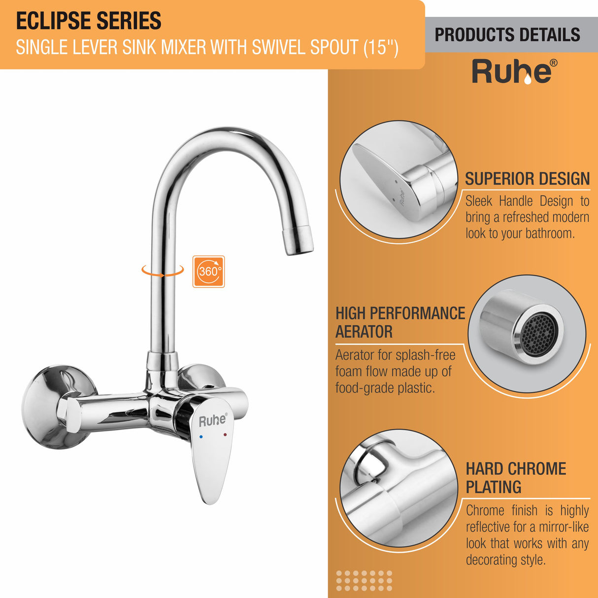 Eclipse Single Lever Wall-mount Brass Mixer Faucet with Swivel Spout (15 Inches) - by Ruhe®