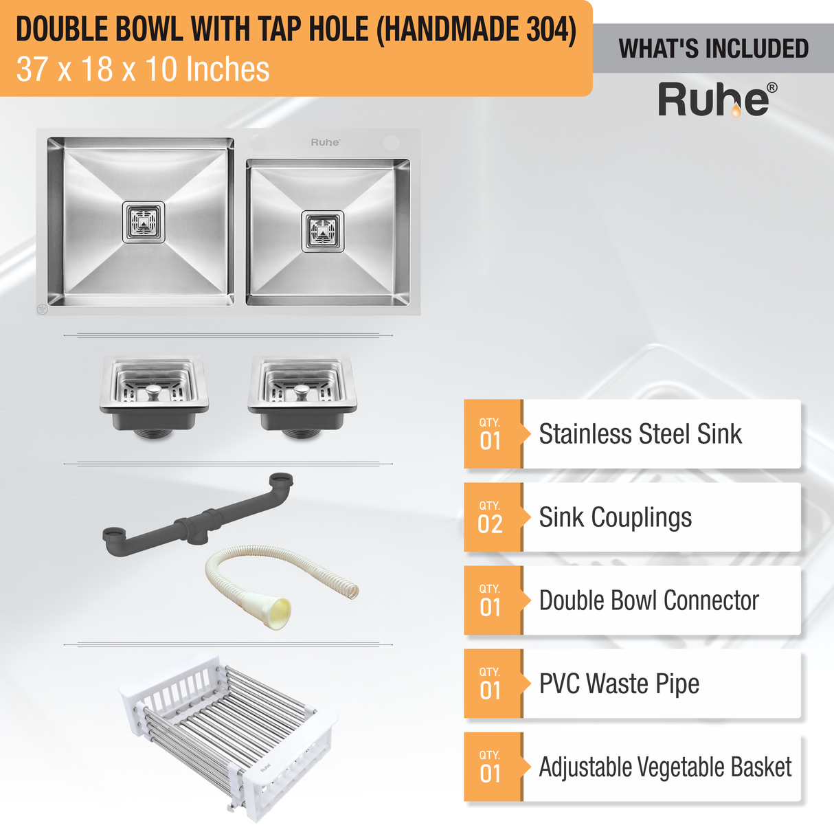 Handmade Double Bowl 304-Grade Kitchen Sink with  Tap Hole (37 x 18 x 10 Inches) - by Ruhe