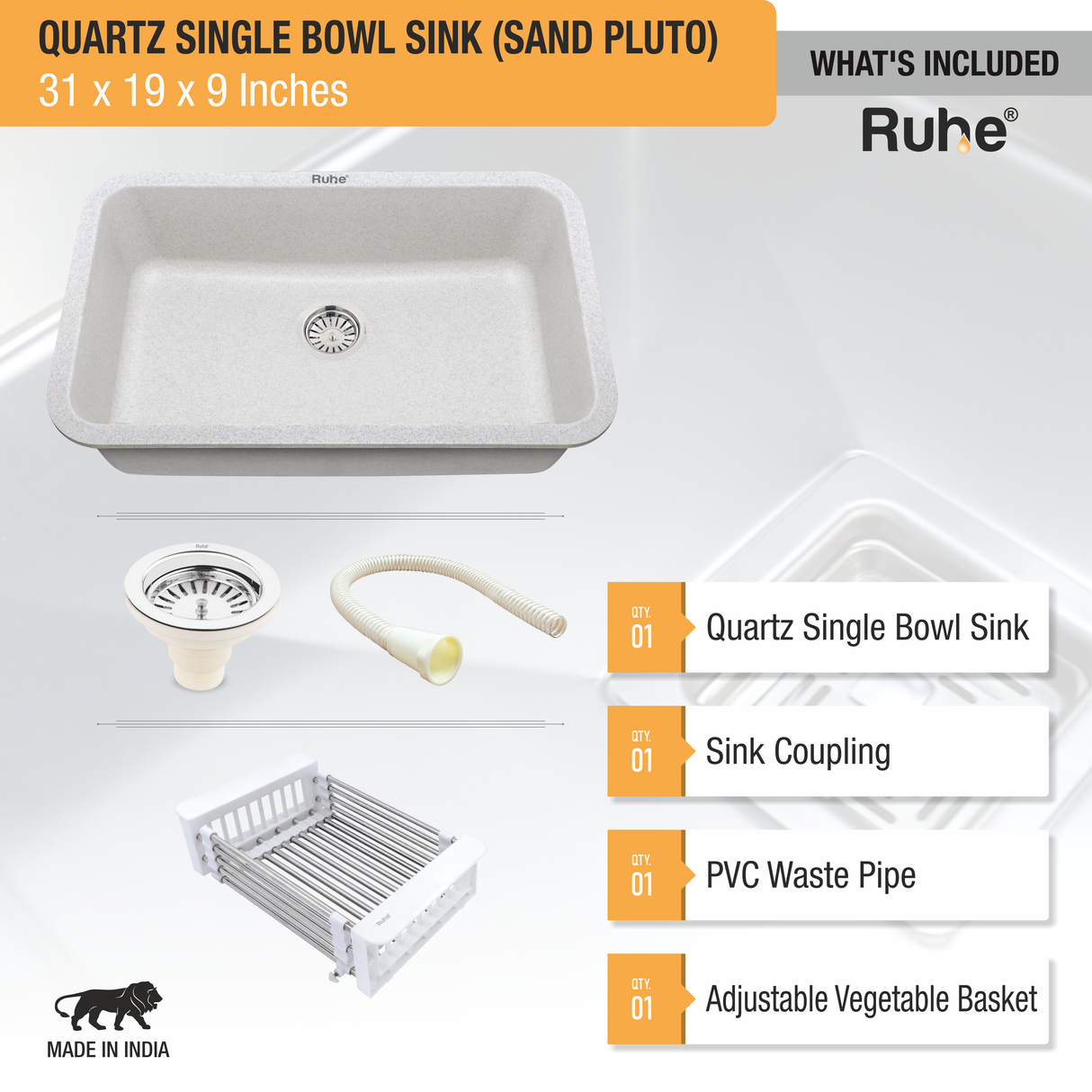 Sand Pluto Quartz Single Bowl Kitchen Sink  (31 x 19 x 9 inches)