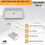 Sand Pluto Quartz Single Bowl Kitchen Sink  (31 x 19 x 9 inches) - by Ruhe