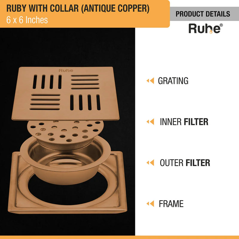 Ruby Square Flat Cut Antique Copper Floor Drain
