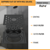 Sapphire Square Flat Cut Floor Drain in Black PVD Coating (6 x 6 Inches) with Hole - by Ruhe