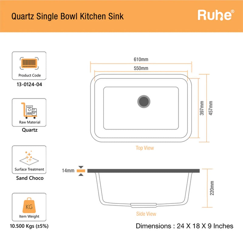 Quartz Single Bowl Round Kitchen Sink (24 x 18 x 9 Inches)