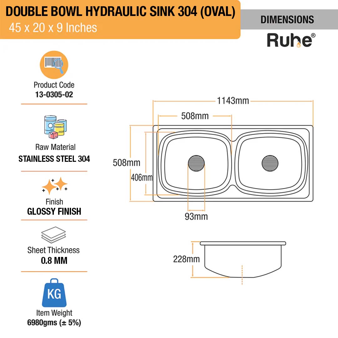 Oval Double Bowl 304-Grade (45 x 20 x 9 inches) Kitchen Sink - by Ruhe®