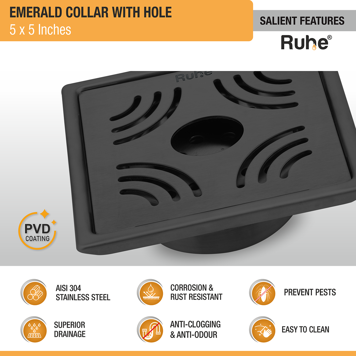 Emerald Square 304-Grade Floor Drain in Black PVD Coating (5 x 5 Inches) with Hole - by Ruhe®