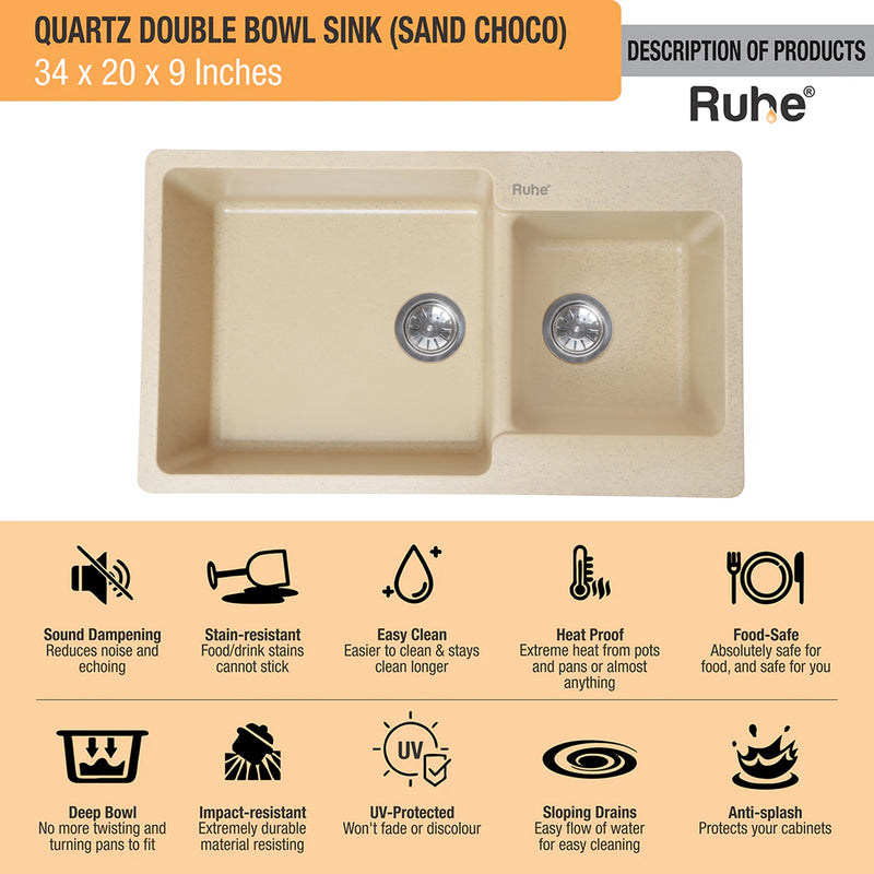 Quartz Double Bowl Kitchen Sink (34 x 20 x 9 inches)