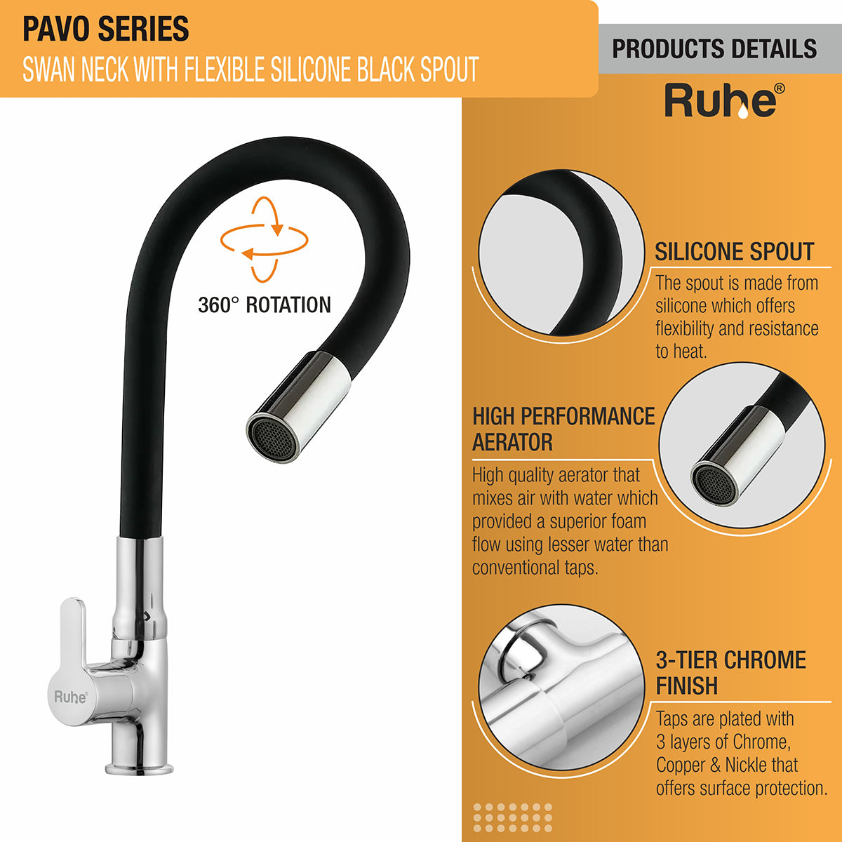 Pavo Swan Neck Brass Faucet with Silicone Black Flexible Spout products details like Silicone spout, high performance aerator, 3 chrome plated layers