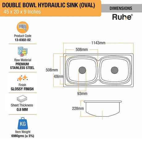 Double Bowl Kitchen Sink (45 x 20 x 9 Inches)(Dimensions)