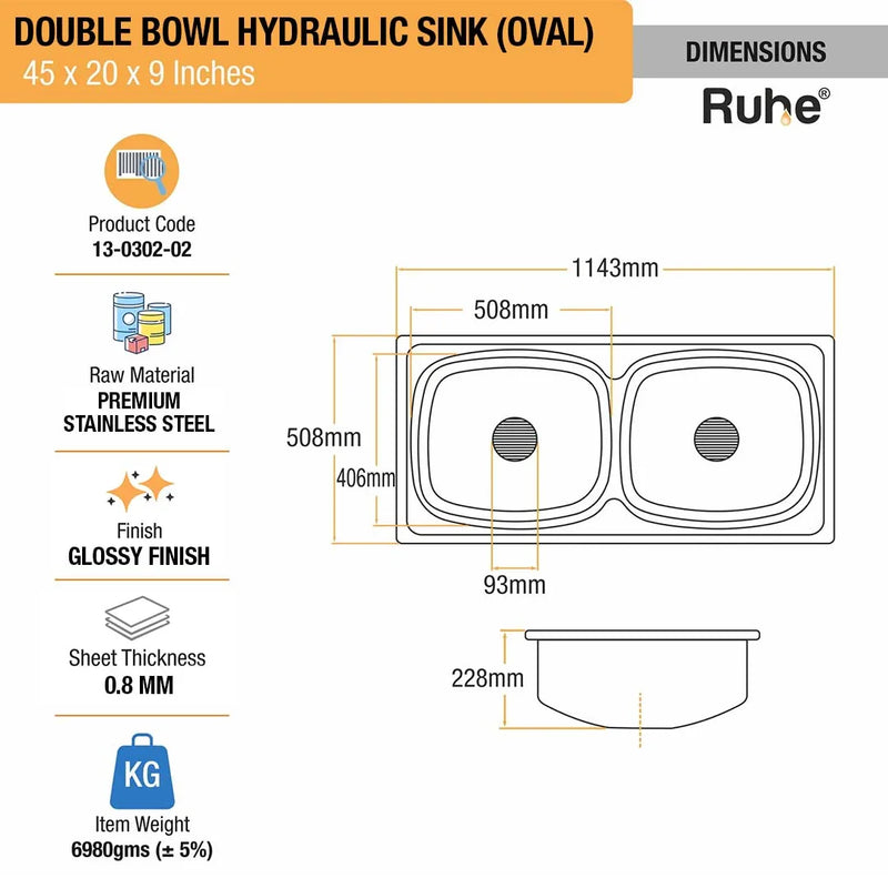 Double Bowl Premium Kitchen Sink (45 x 20 x 9 Inches)