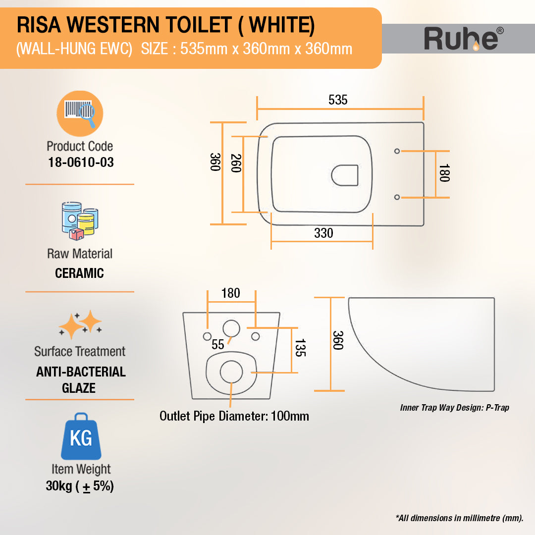 Risa Wall-Hung Rimless P-Trap Western Toilet / Commode (White) - by Ruhe